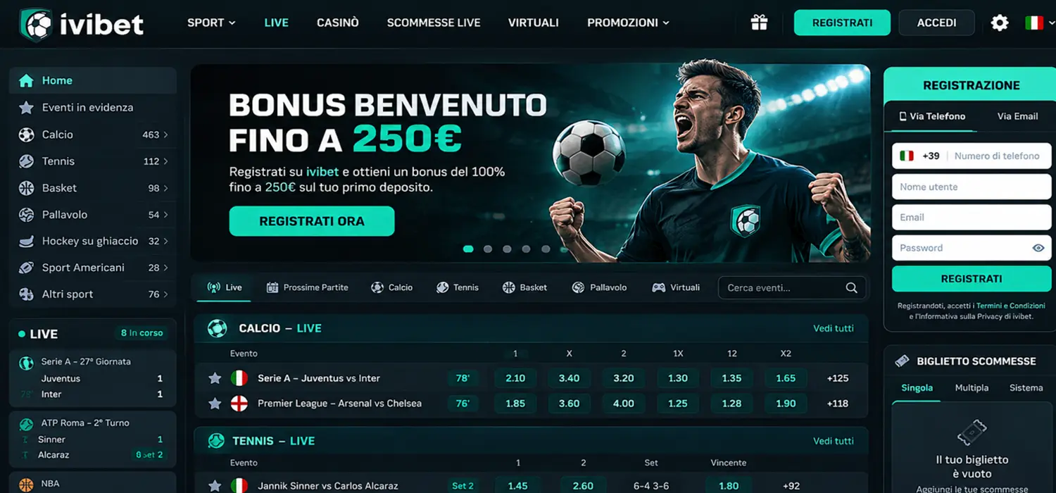 Prelievo senza documenti: la home italiana di IviBet con il modulo di registrazione via telefono o email