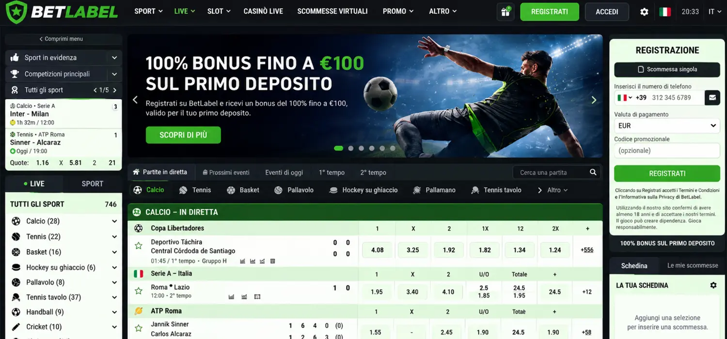 Registrazione senza verifica su BetLabel, con l'area scommesse e l'accesso al conto