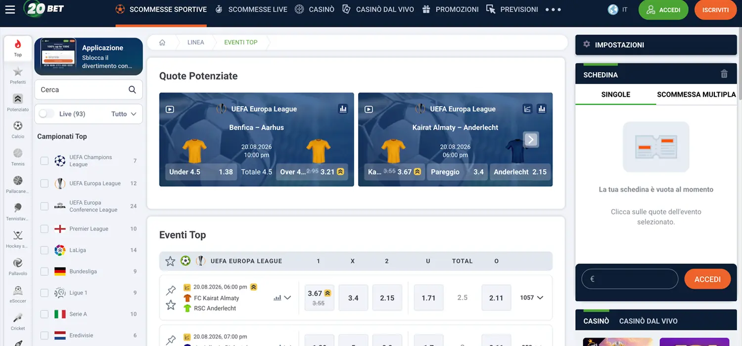 Scommettere senza documenti su 20Bet: versione italiana con quote potenziate, schedina e scommessa multipla