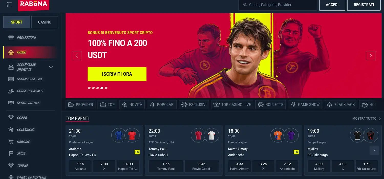 Siti di scommesse senza documento: la home di Rabona con il bonus sport in USDT e i top eventi del giorno