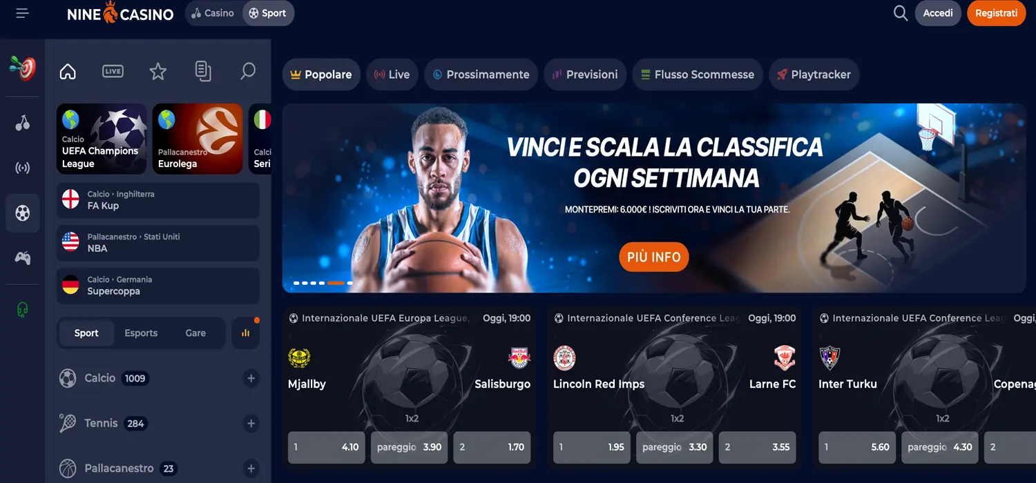 Siti scommesse senza documento: la sezione sport di Nine Casino in italiano, con calcio, tennis e pallacanestro in palinsesto